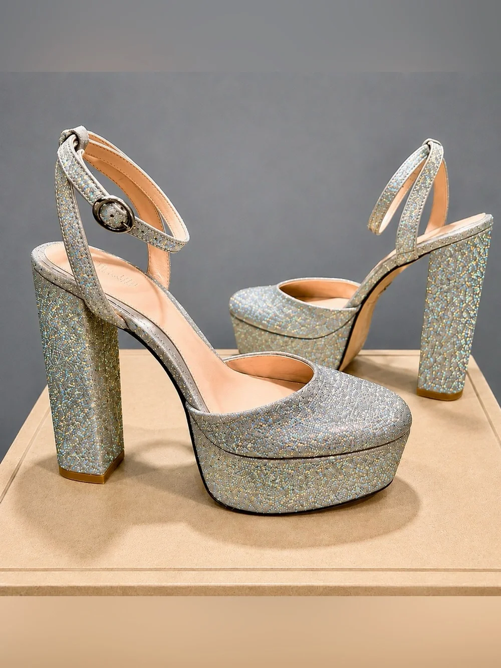 Antonio Melani x Born On Fifth Liv Silver Glitter Platform Block Heels 10